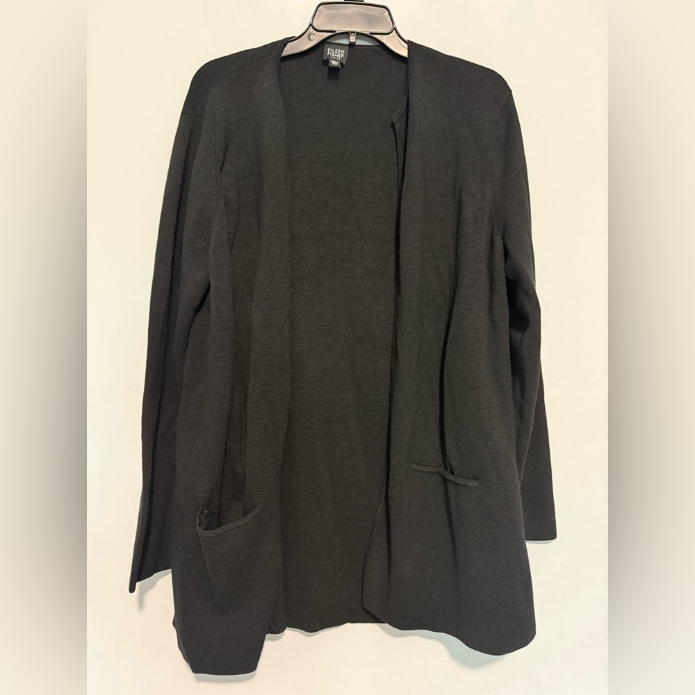 Eileen Fisher Black Silk Blend Long Open Cardigan With Pockets Petite Medium